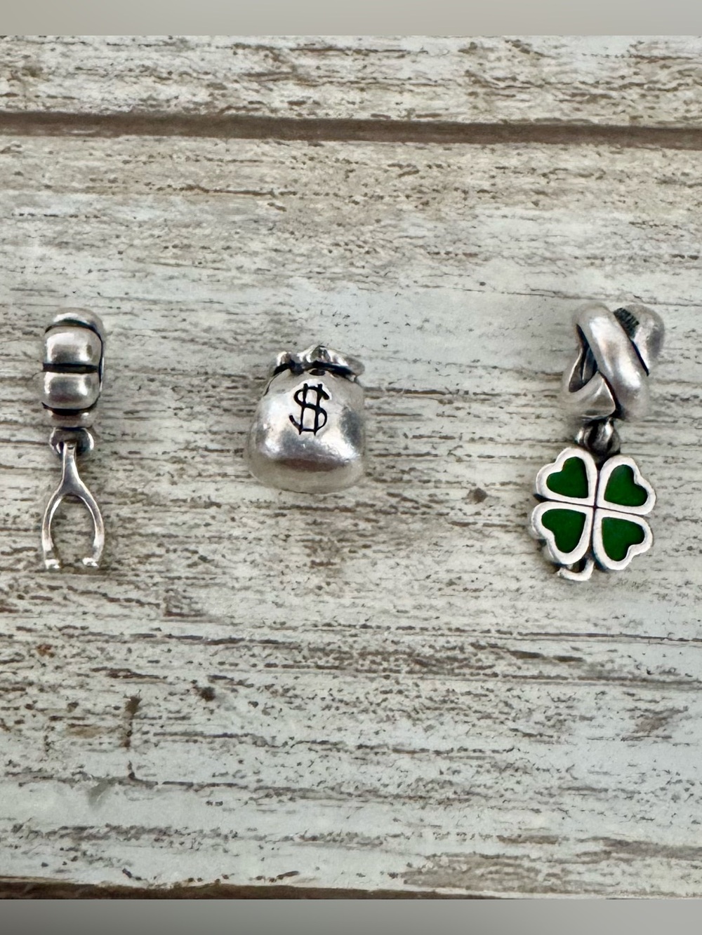Pandora Silver Charms with Green Enamel Four-Leaf Clover , Wish Bone& Money Bag